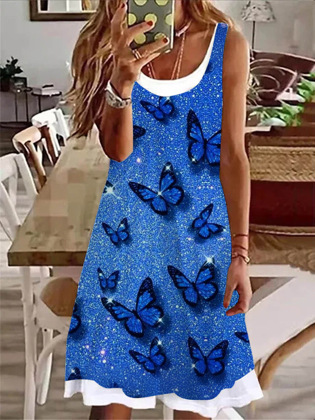 Ladies Sequin Butterfly Print False Two Dress