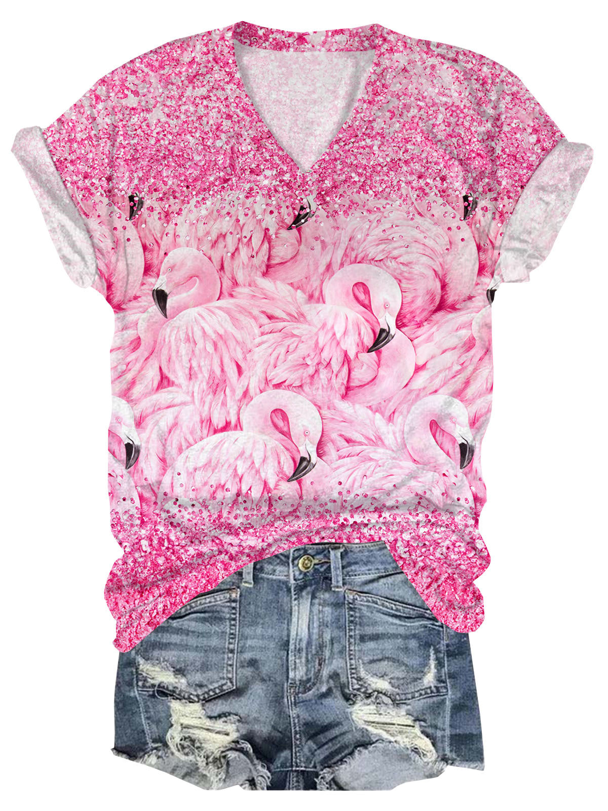 Glitter Flamingo Print V-Neck Short Sleeve T-Shirt
