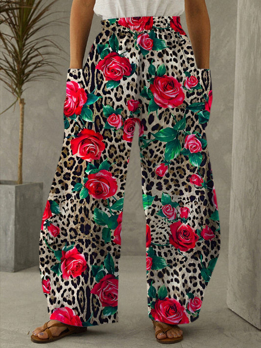 Leopard Rose Print Casual Pants