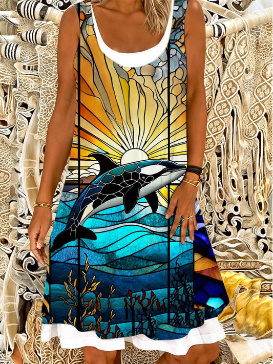 Stained Glass Whale Ladies False Two Dress