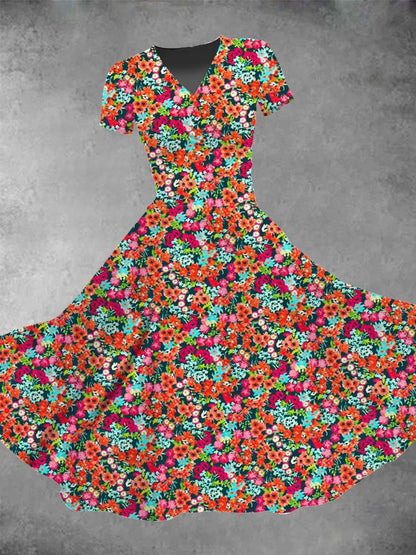 Flower V Neck Short Sleeve Women's Dress