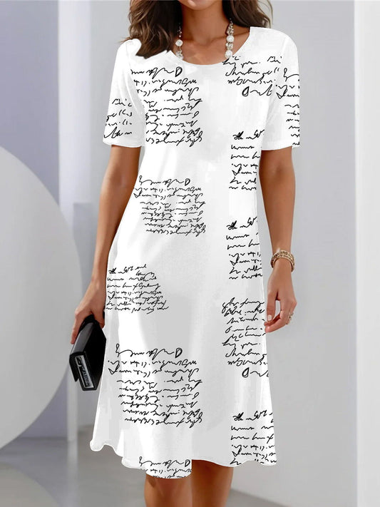 Text Print Short Sleeve Crew Neck Dress