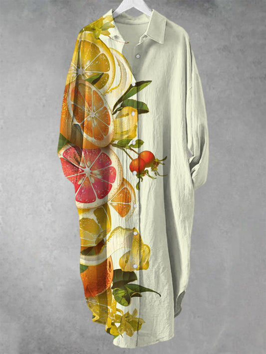 Lemon Grapefruit Printed Long Sleeve Casual Shirt Dress