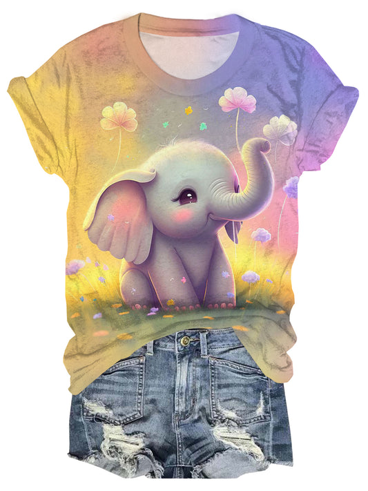 Flower Elephant Crew Neck T-shirt
