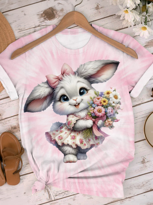 Cute Floral Bunny Crew Neck T-shirt