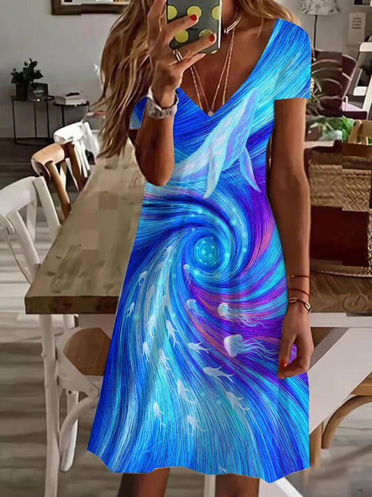 Whale Whirlpool V Neck Short Sleeve Dress