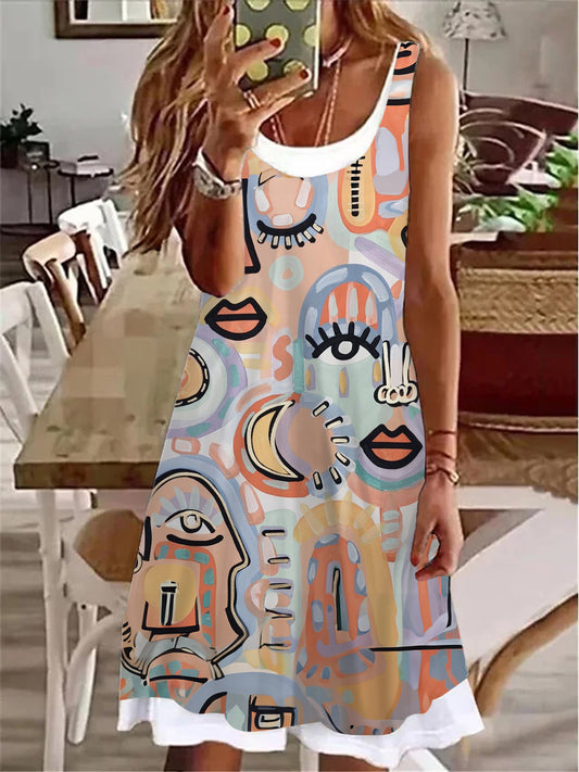 Abstract Face Print Ladies False Two Dress