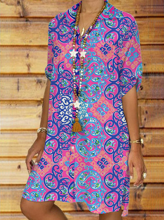 Women's Ethnic Print Long Sleeve Beach Shirt Dress