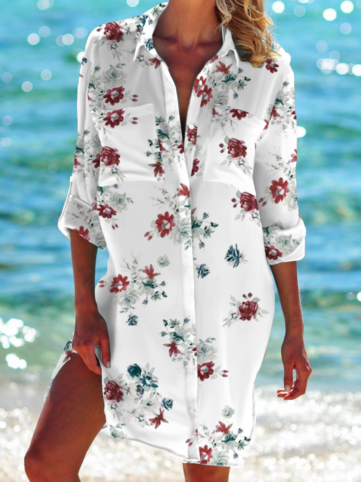 Floral Print Long Sleeve Beach Shirt Dress