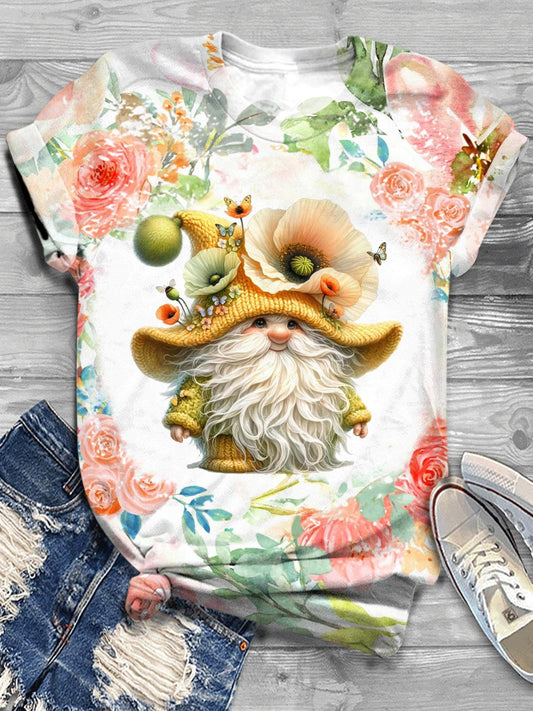 Summer Flower Gnome Crew Neck T-shirt