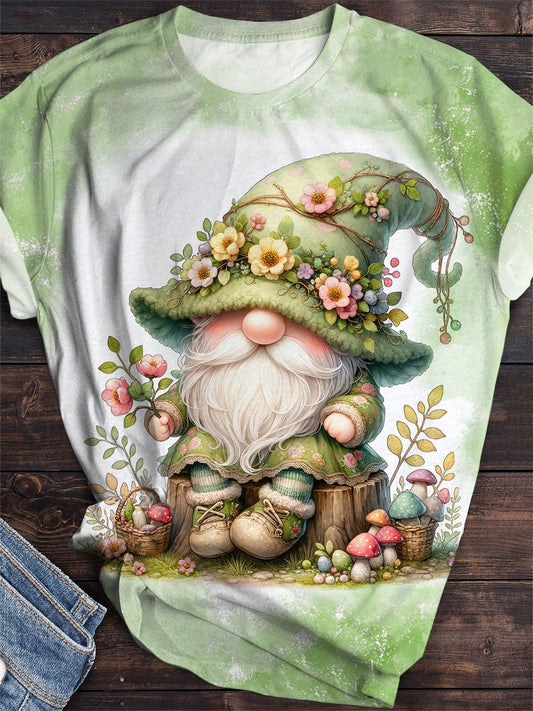 Floral Forest Gnome Print Crew Neck T-Shirt