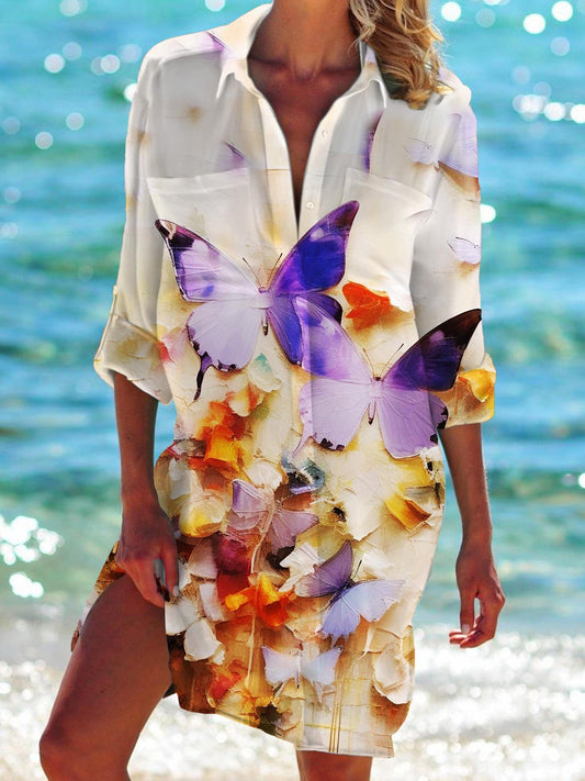 Butterfly Long Sleeve Beach Shirt Dress