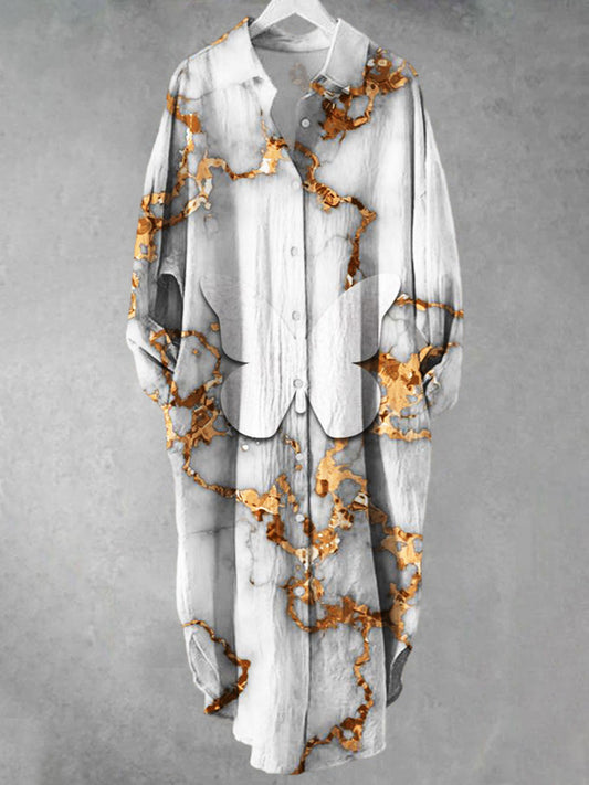 Women's Butterfly Marble Print Lapel Long Sleeve Shirt Dress