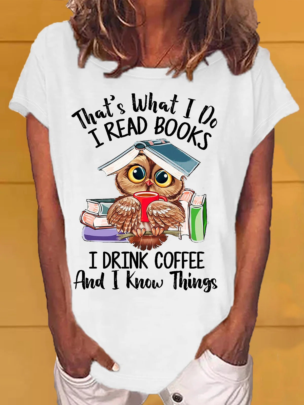 Owl Coffe Book Funny Casual Letters Crew Neck T-shirt