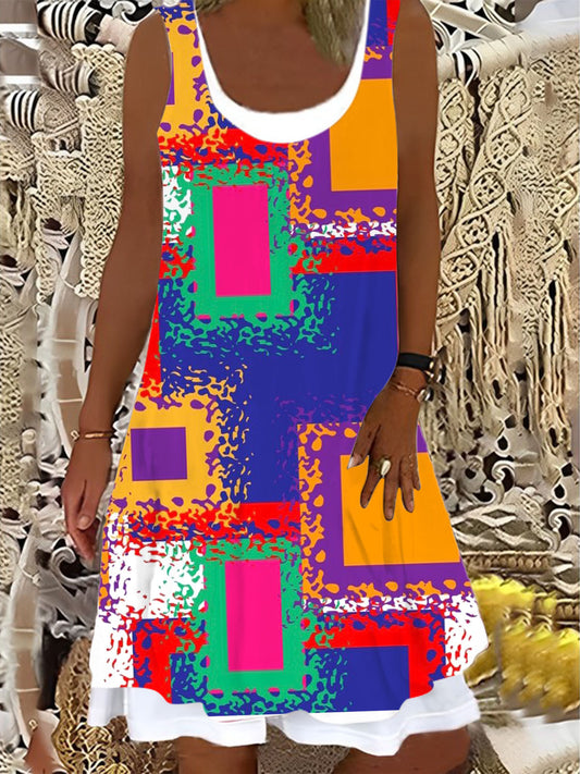 Ladies Colorful Geometric Print False Two Dress