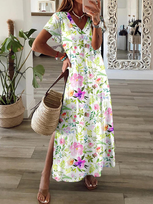 Watercolor Painting Flower Print V Neck Maxi Dress