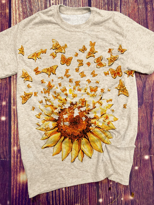Women's Sunflower Butterfly Print Casual T-Shirt