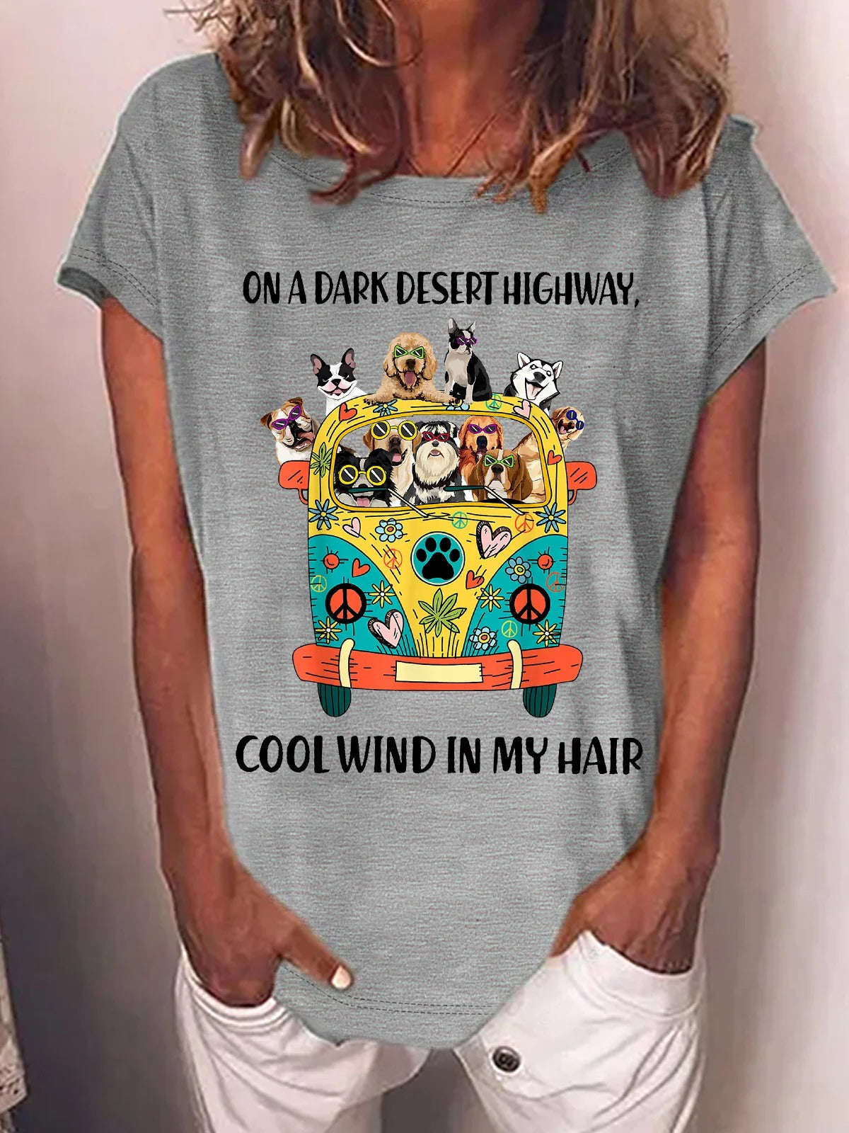 Funny On A Dark Desert Highway Cool Wind In My Hair Graphic Printing Casual Cotton-Blend Text Letters Crew Neck T-shirt