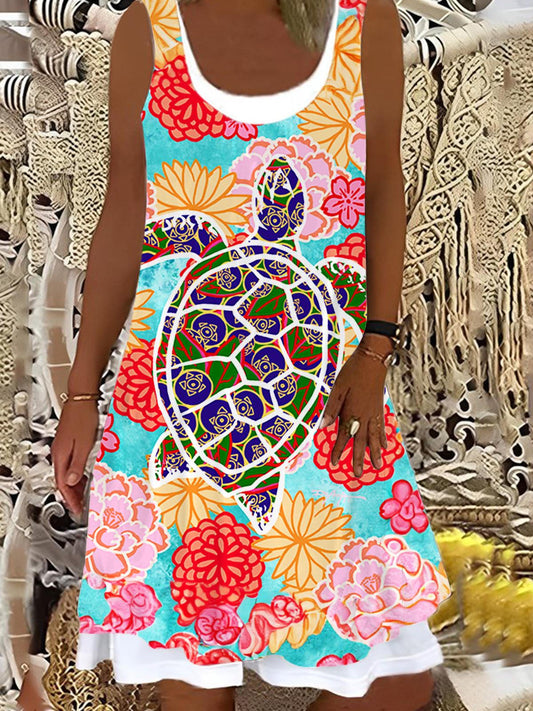 Vintage Flower Sea Turtle Ladies False Two Dress