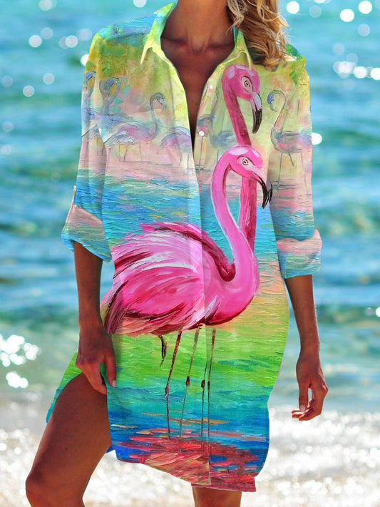 Flamingo Print Long Sleeve Beach Shirt Dress
