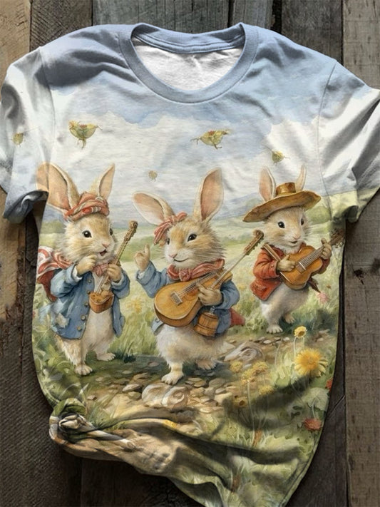 Bunny Rabbit Play Time Print Crew Neck T-Shirt