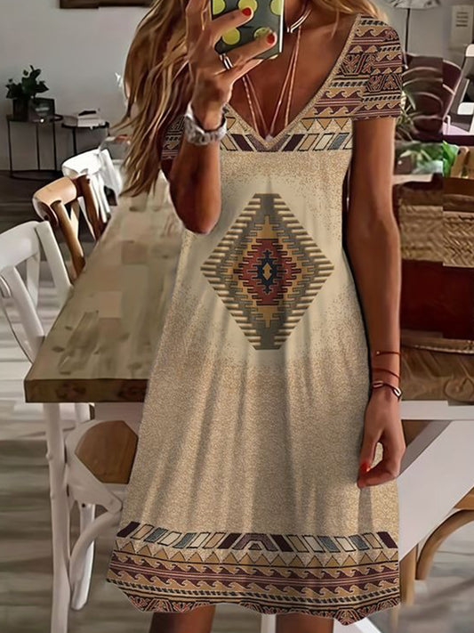 Vintage Geometry V Neck Short Sleeve Dress