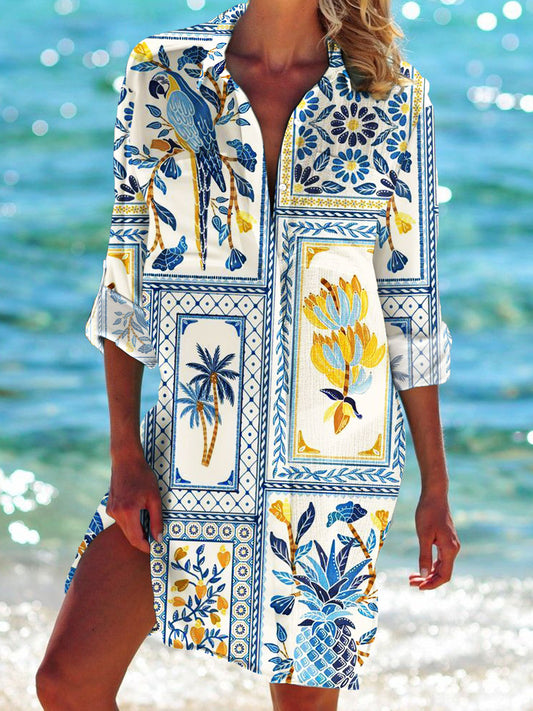 Women's Holiday Casual Print Beach Shirt Dress