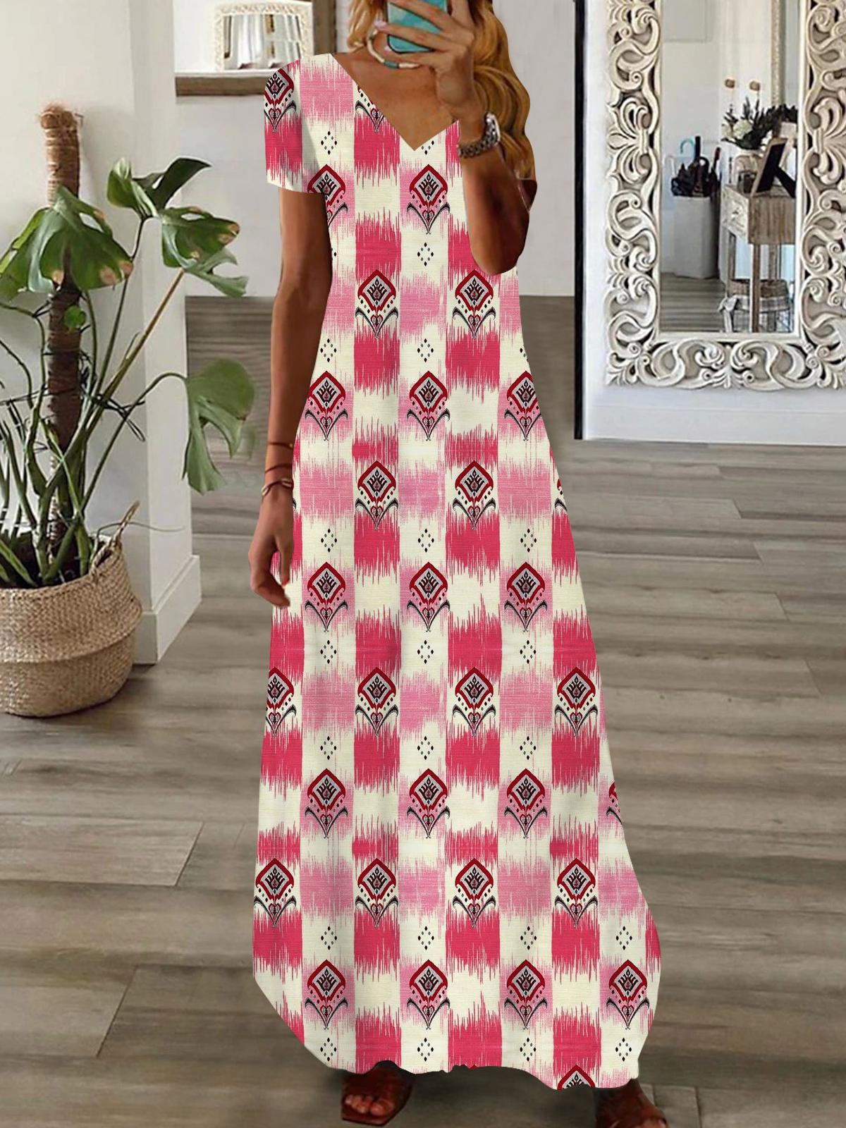 Gradient Floral Print Short Sleeve V Neck Maxi Dress