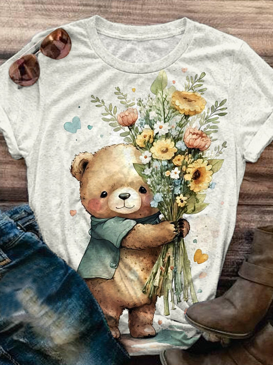 Floral Bear Print Casual Top