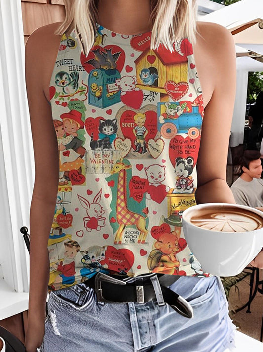 Vintage Valentine's Day Casual Printed Tank Top