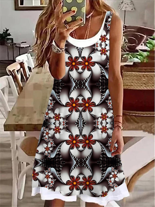 Abstract Flower Ladies False Two Dress