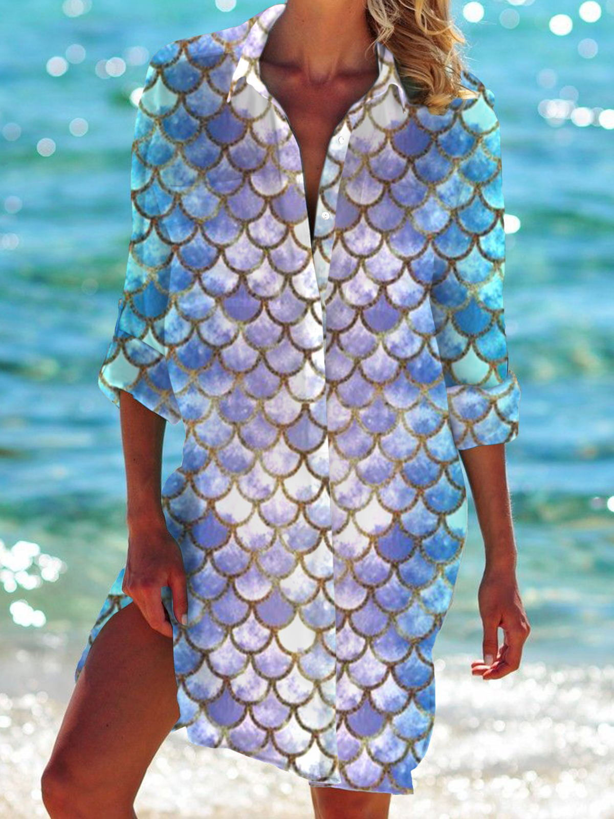 Fish Scale Print Long Sleeve Beach Shirt Dress