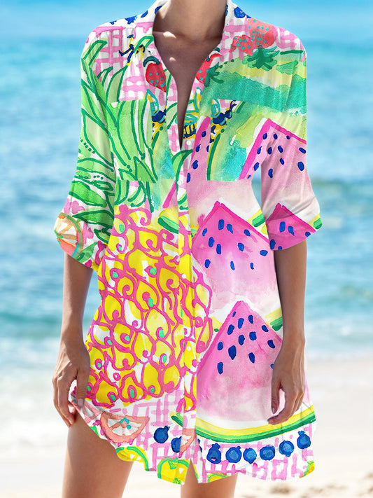 Tropical Fruit Print Beach Shirt Dress