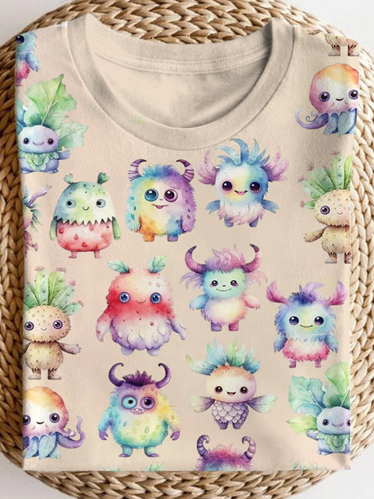 Cute Monsters Print Crew Neck T-shirt