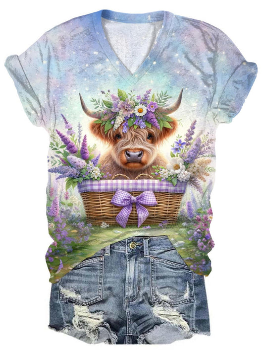 Lavender Bucket Highland Cow V-Neck T-Shirt
