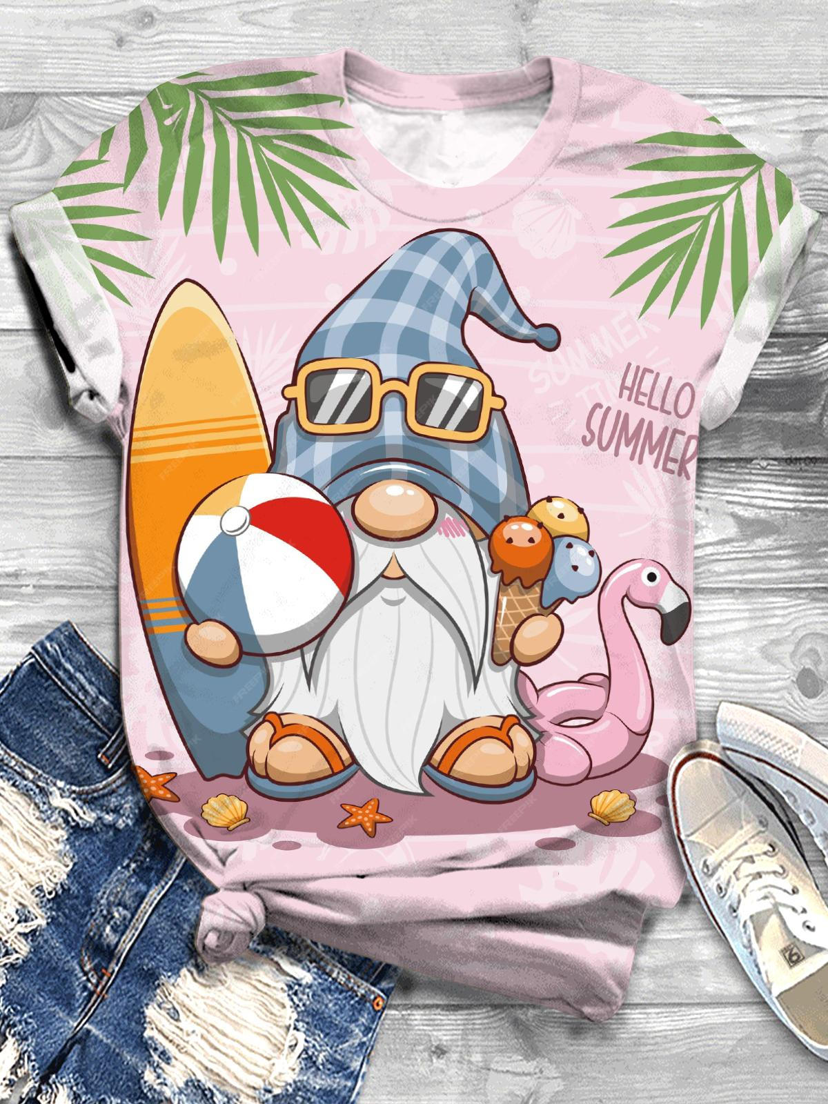 Summer Gnome Print Crew Neck T-shirt