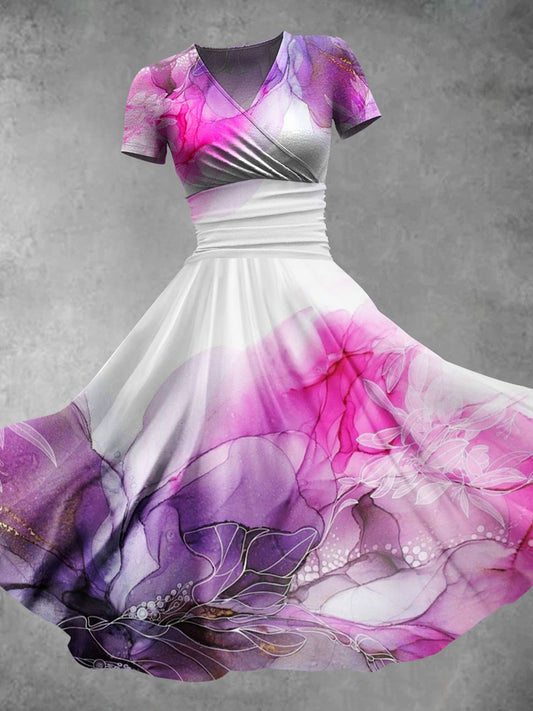 Abstract Flower V Neck Short Sleeve Women's Dress