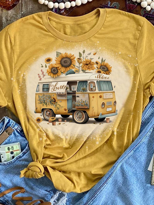 Women's Sunflower Truck Print Tie Dye Top