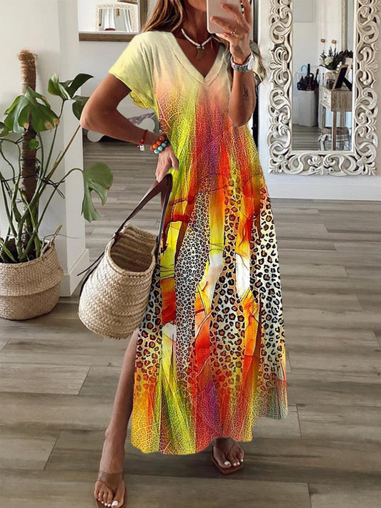 Abstract Leopard Print Short Sleeve V Neck Maxi Dress