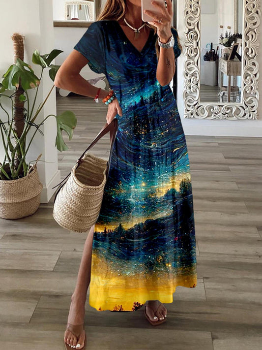 Starry Night Art Print V Neck Maxi Dress