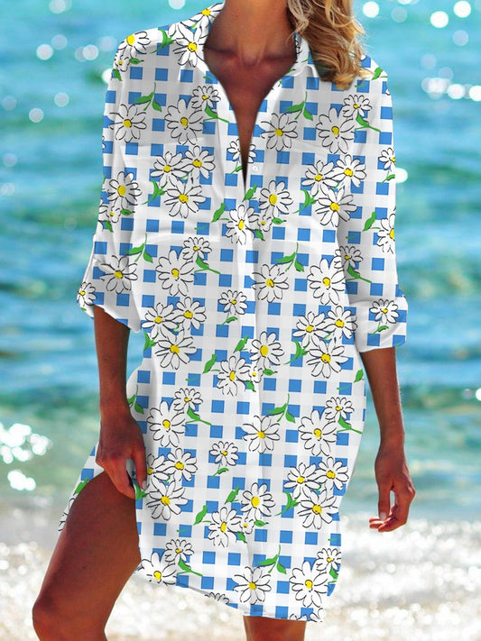 Daisy Plaid Long Sleeve Beach Shirt Dress