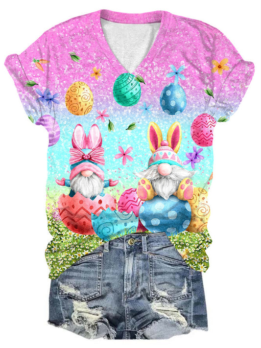 Easter Gnome Glitter Print Short Sleeve V-Neck T-Shirt