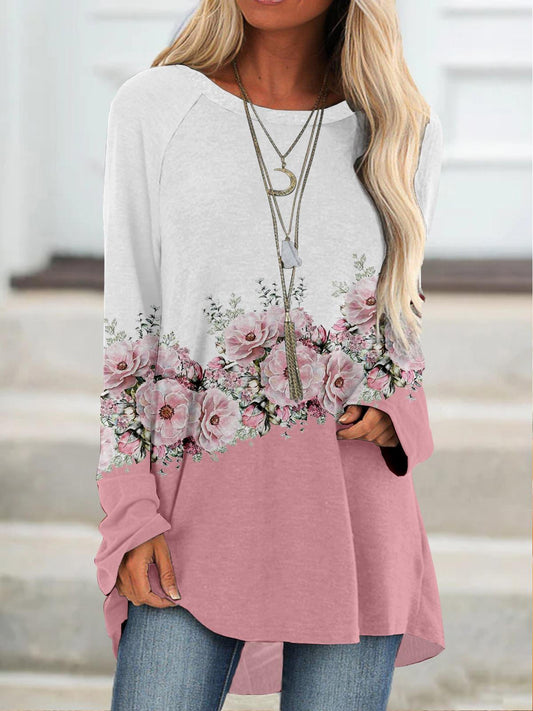 Color Block Floral Round Neck Long Sleeve Top