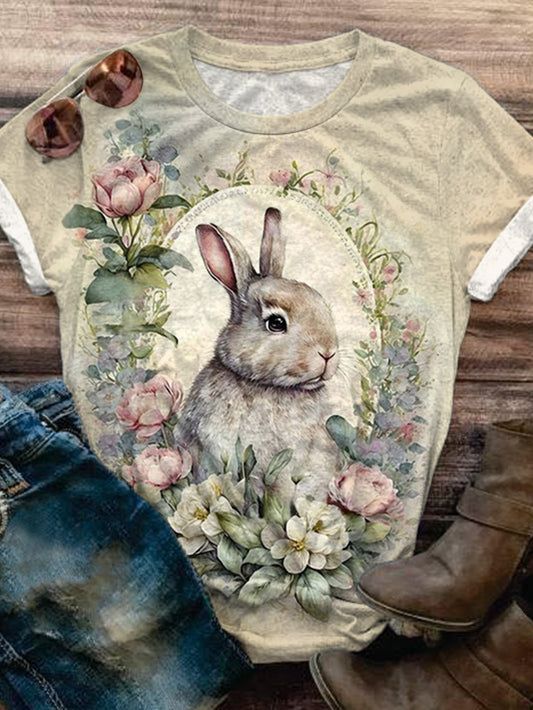 Floral Bunny Print Crew Neck T-shirt