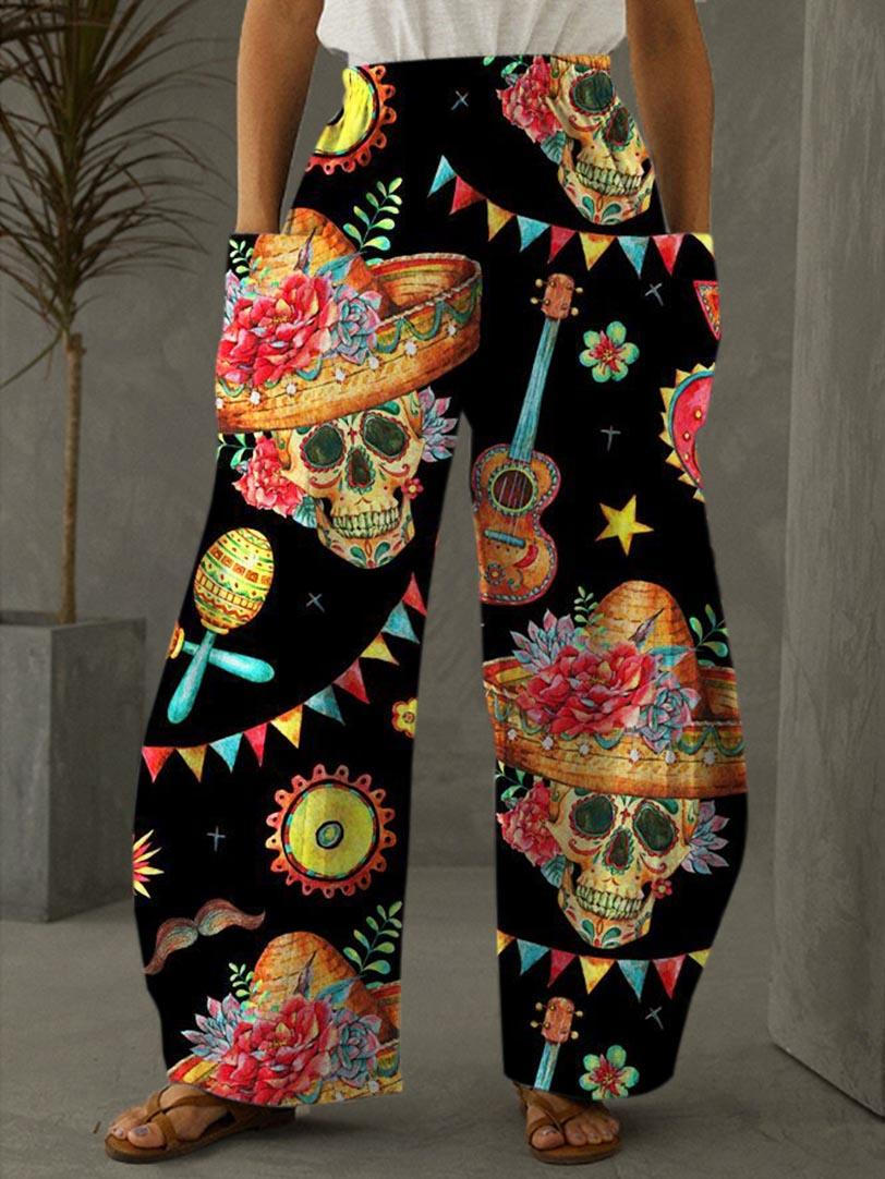 Day of the Dead Skull Print Casual Pants