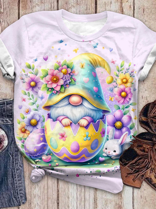 Easter Floral Egg Gnome Crew Neck T-shirt