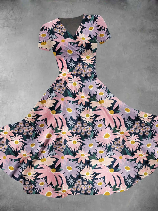 Daisy Flower V Neck Short Sleeve Women's Dress