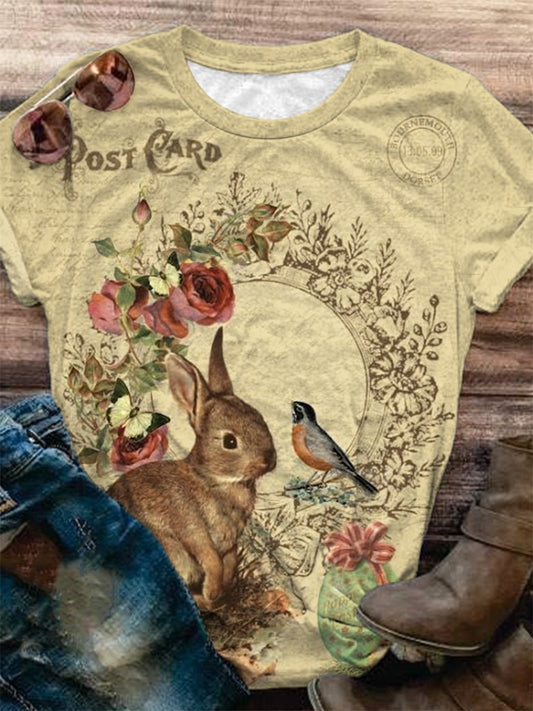 Retro Bunny and Bird Print Crew Neck T-Shirt