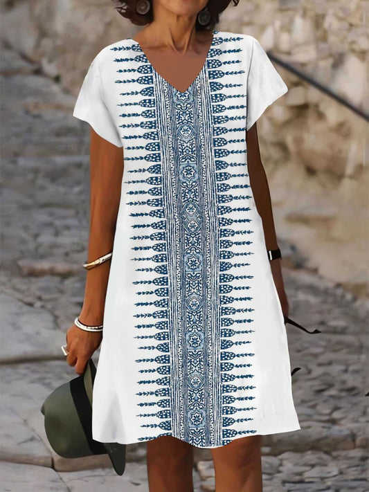 Ethnic Print V Neck Short Sleeve Dress