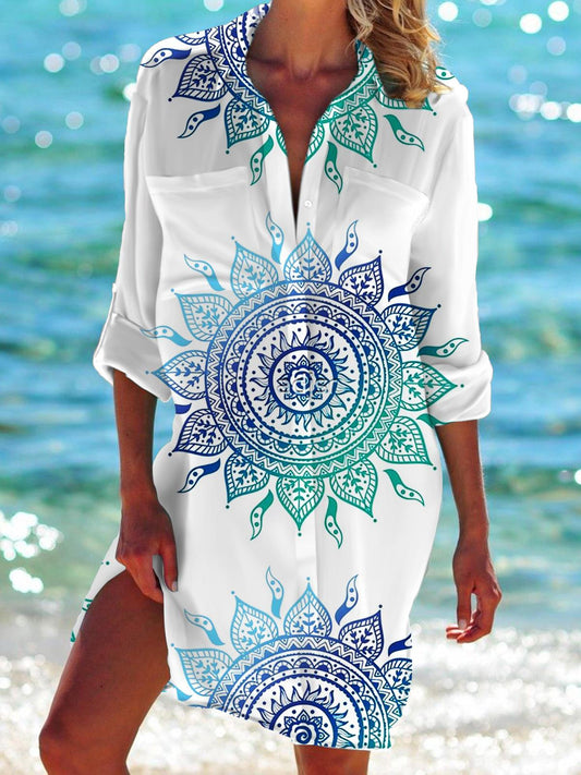 Gradient Vintage Pattern Long Sleeve Beach Shirt Dress